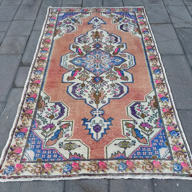 Vibrant Orange & Blue Rug, 4,6x7,7 ft Polka Dot Design
