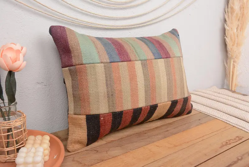 Red & Beige Striped Decorative Pillow, 16x24 Inches Embroidered Pillow - 1