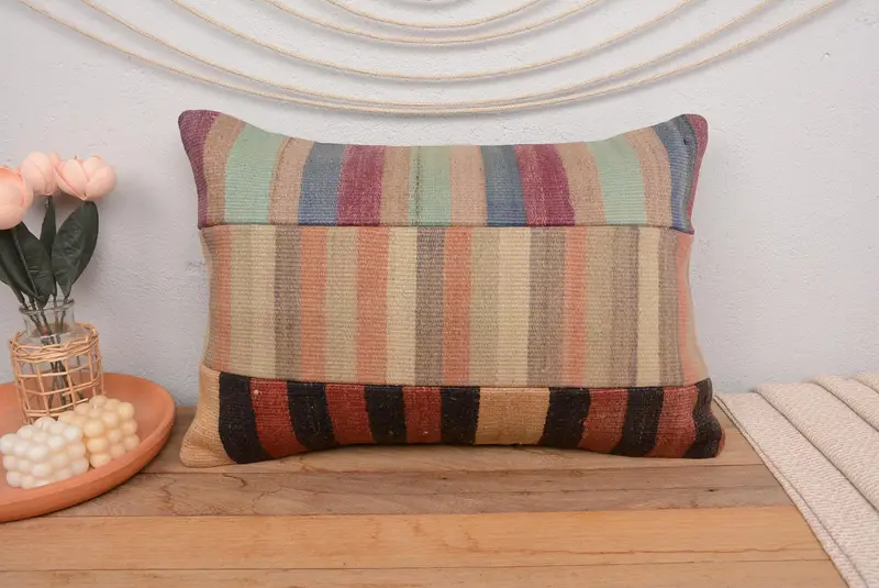 Red & Beige Striped Decorative Pillow, 16x24 Inches Embroidered Pillow - 2