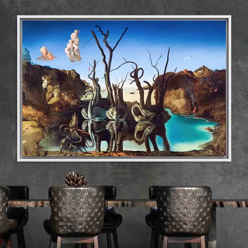 Moderner abstrakter Leinwanddruck mit Dali-Schwänen, die Elefanten reflektieren