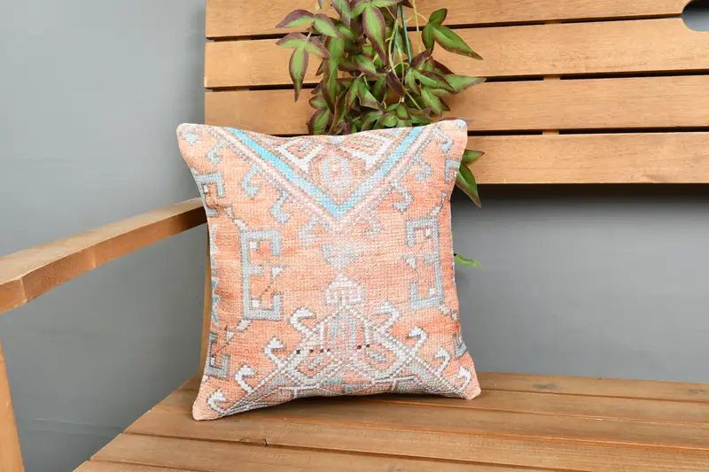 Almohada de tiro rectangular naranja y verde del suroeste hecha a mano, almohada de lino vintage