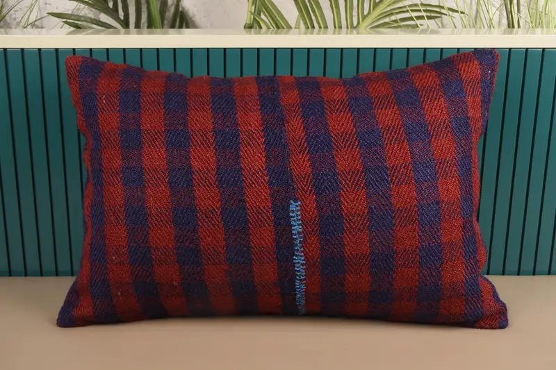Turkish Pillow Sham, 16x24 inch Striped FloorRed Gift Wool Cushion - 1