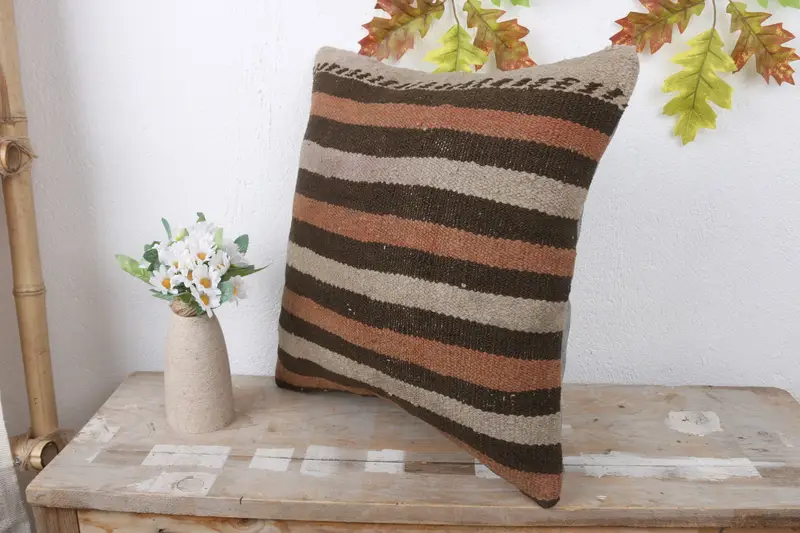 Bed Pillow, Seat Pillow Case, Cushion Cover, 16x16 Beige Cushion Cover, Couch Cushion, Boho Pillow, Antique Pillows, Handmade Kilim Cushion - 4