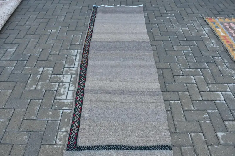 2.6x7.6 ft Vintage Türk Halısı, Yolluk Halısı, Kilim Gri Yün Halı - 1