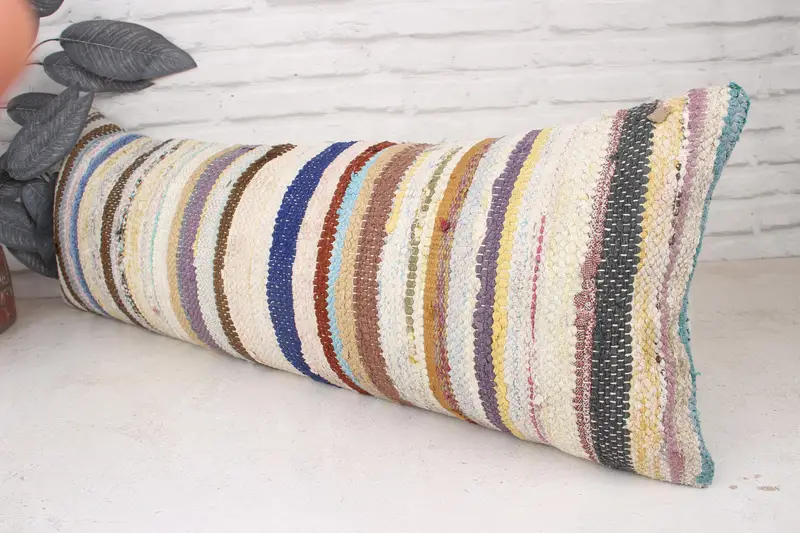 Turkish Pillow, 12x36 Beige Pillow, Handmade Kilim Cushion, Vintage Kilim Throw Pillow, Art Deco Cushion, Colorful Pillow Case, Pillow Cover - 4