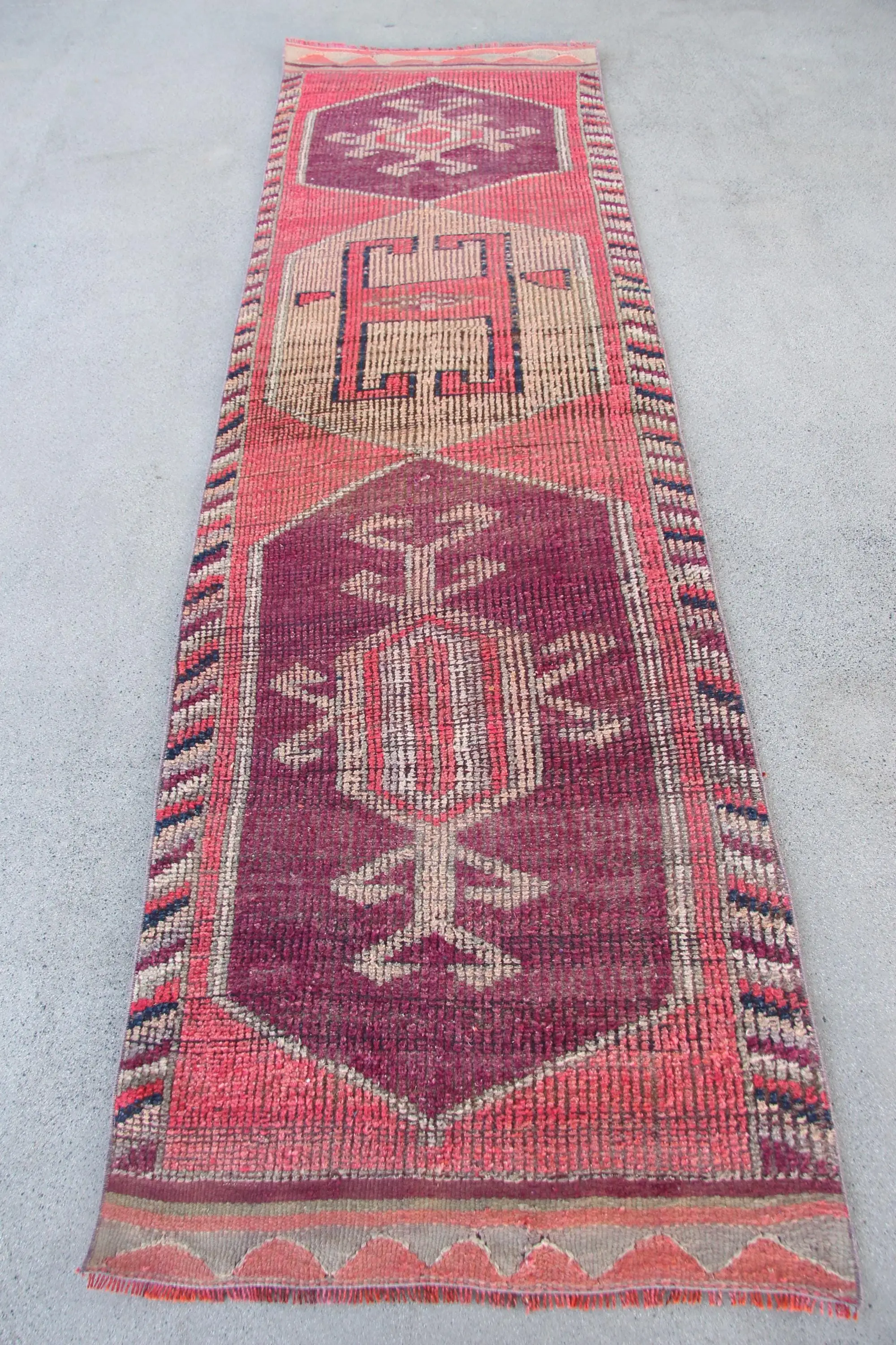 Turkish Vintage Rug, Runner 2.8x9.4 ft (85x288 cm) Rug, Red Patchwork Wool Rug - 1