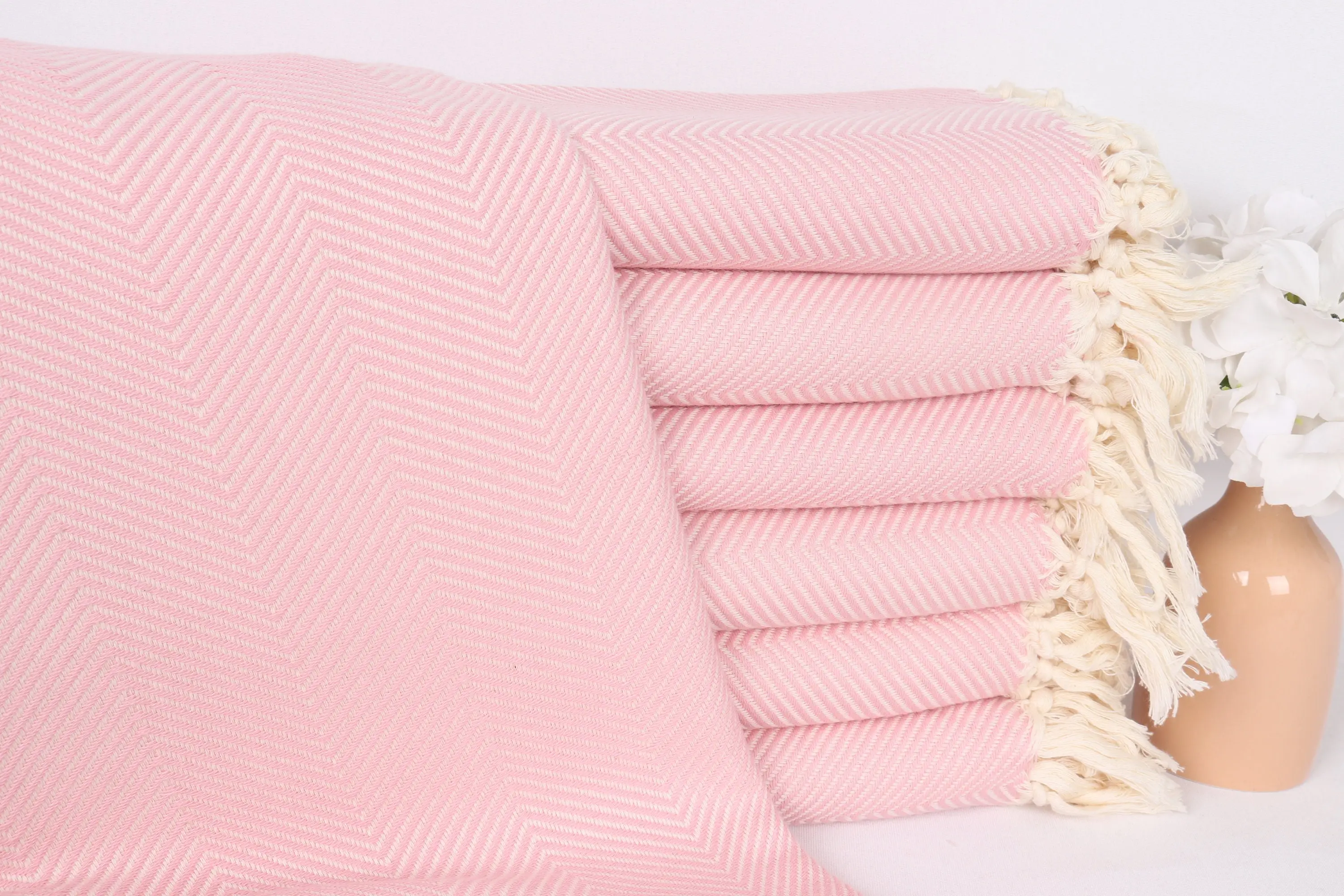 Bridesmaid Gift Towel Cotton Pink Herringbone, 40x71 Inches - 1