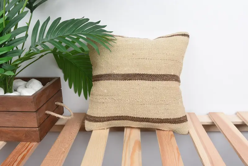 Ethnical Kilim Rug Pillow, 12x12 Beige Cushion, Vintage Kilim Pillow, Bed Cushion Cover, Vintage Kilim Throw Pillow, Pillow Sham - 1
