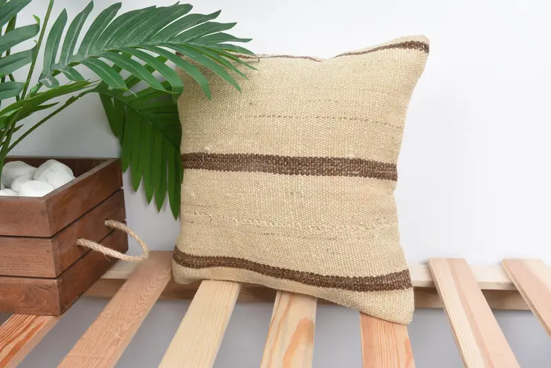 Ethnical Kilim Rug Pillow, 12x12 Beige Cushion, Vintage Kilim Pillow, Bed Cushion Cover, Vintage Kilim Throw Pillow, Pillow Sham - 5