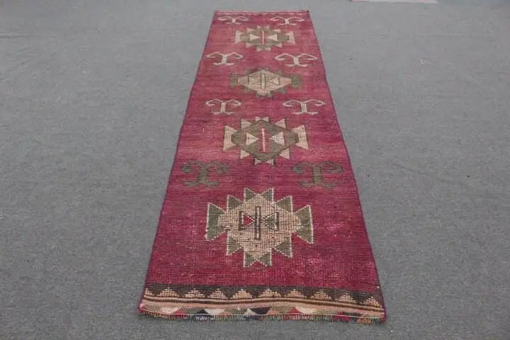 Vintage Türk Halısı 2.9x10.2 ft, Herki Kırmızı Bitkiler ve ağaçlar Yün Halı - 1