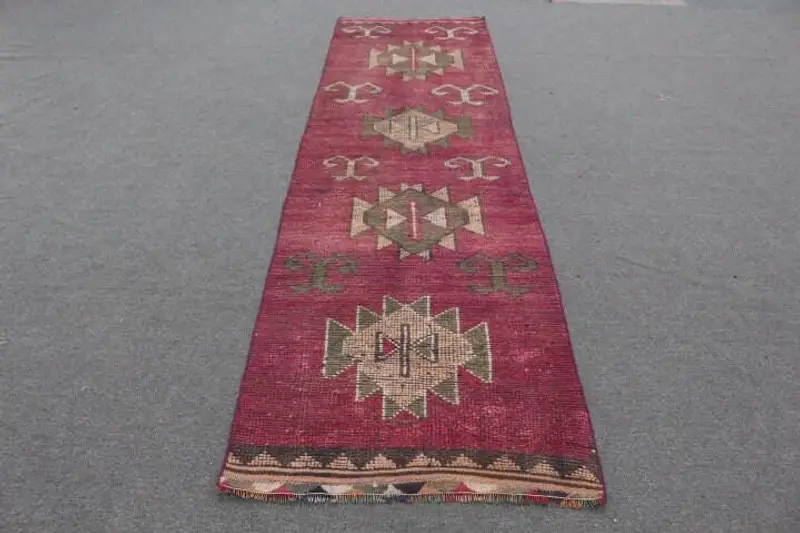 Pembe ve Yeşil Halı, 2,9x10,2 ft Botanik Tasarım