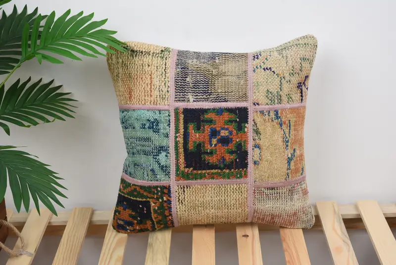 Kilim Pillow Cover, Cushion, Toss Pillow, 16x16 Green Pillow Cover, Sofa Bolster Cushion Case, Boho Pillow, Home Decor Pillow - 1