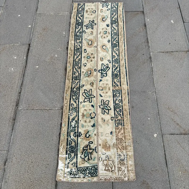 Turkish Vintage Rug, 1.4x4.6 ft Oushak Rug, Brown Blue Abstract Wool Rug - 1