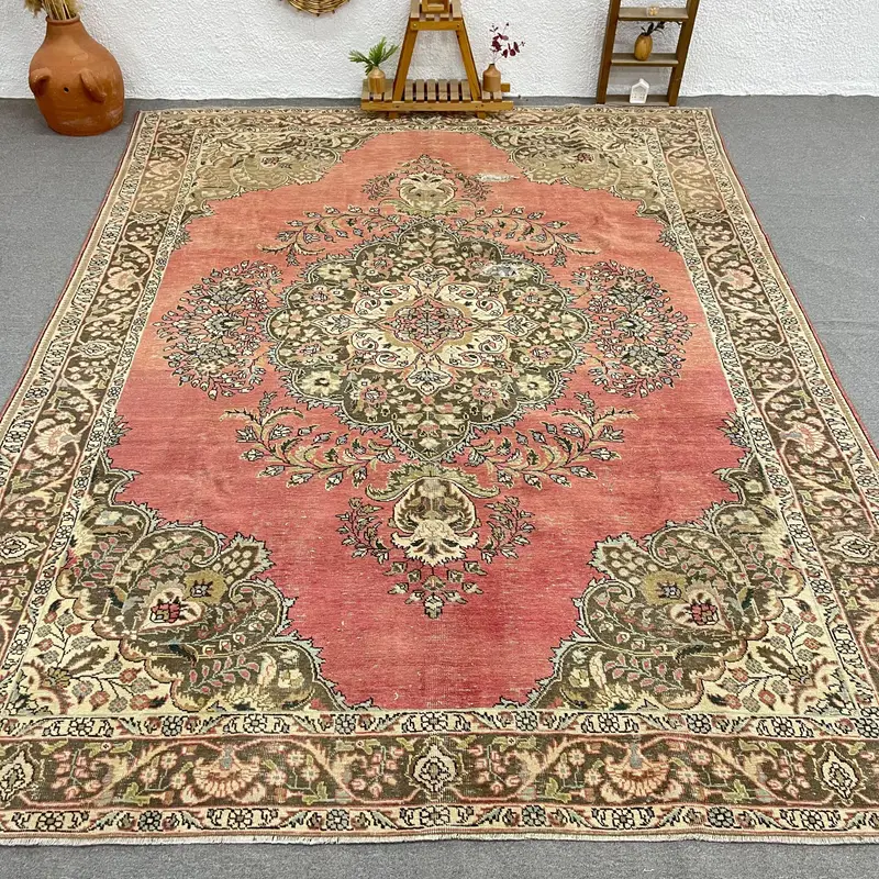 Alfombra Floral y Paisley Roja, Verde, 9,2x12,2 ft