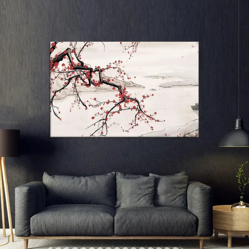 ミニマリスト日本の風景木花柄プリントキャンバスアート