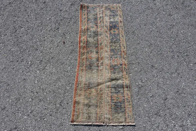 1.2x3.2 ft Küçük Vintage Türk Halısı, Mavi Oryantal Yün Halı - 1