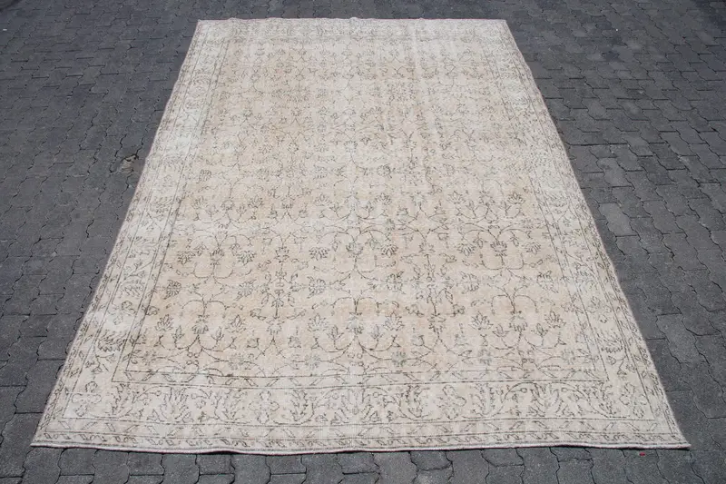 6.9x9.8 ft Oushak Halı, Vintage Türk Halısı, Bej Siyah Oryantal Halı - 1