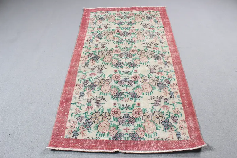 3.7x6.5 ft Türk Alan Halısı, Kırmızı Yeşil Vintage Ombré Yün Halı - 1