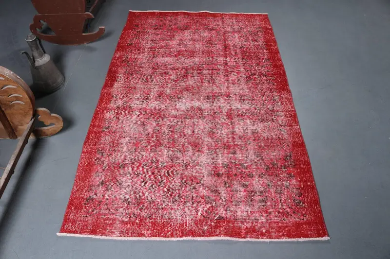 3.8x6.6 ft Vintage Rug, Turkish Area Rug, Red Black Solid Rug - 1