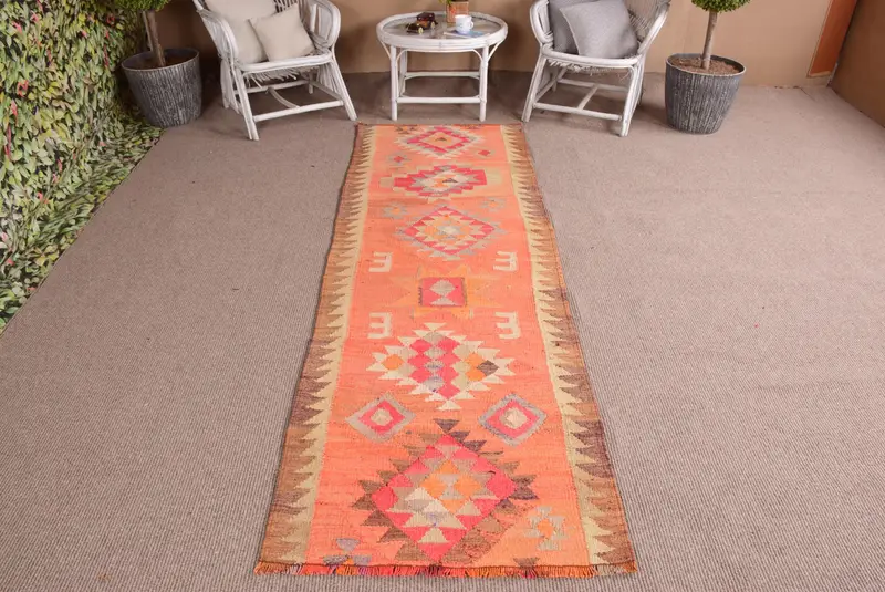 2.8x8.7 ft Halı, Runner Vintage Halı, Turuncu Kilim Hayvan Baskı Halı - 1