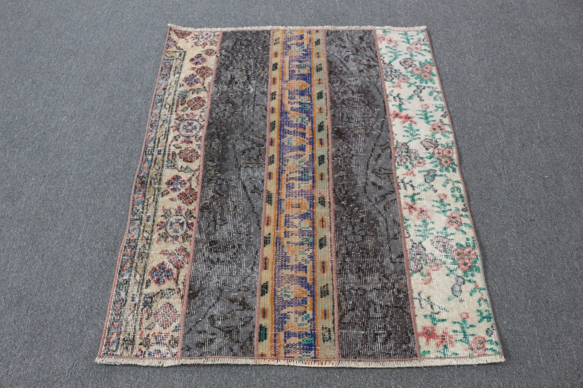 Alfombra vintage de 3,2x3,8 pies, alfombra turca pequeña, alfombra de lana floral azul gris - 1