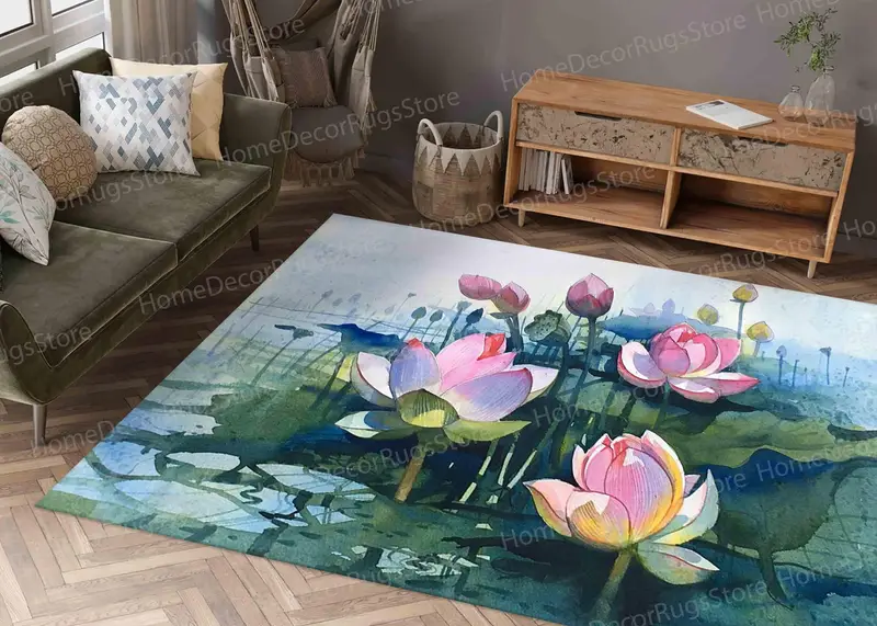 Moderner Teppich mit Lotus-Aquarelldruck: Elegantes, farbenfrohes, abstraktes Design