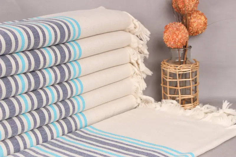 Embroidery Towel Turquoise-Navy Blue Striped Organic 36x71 Inches