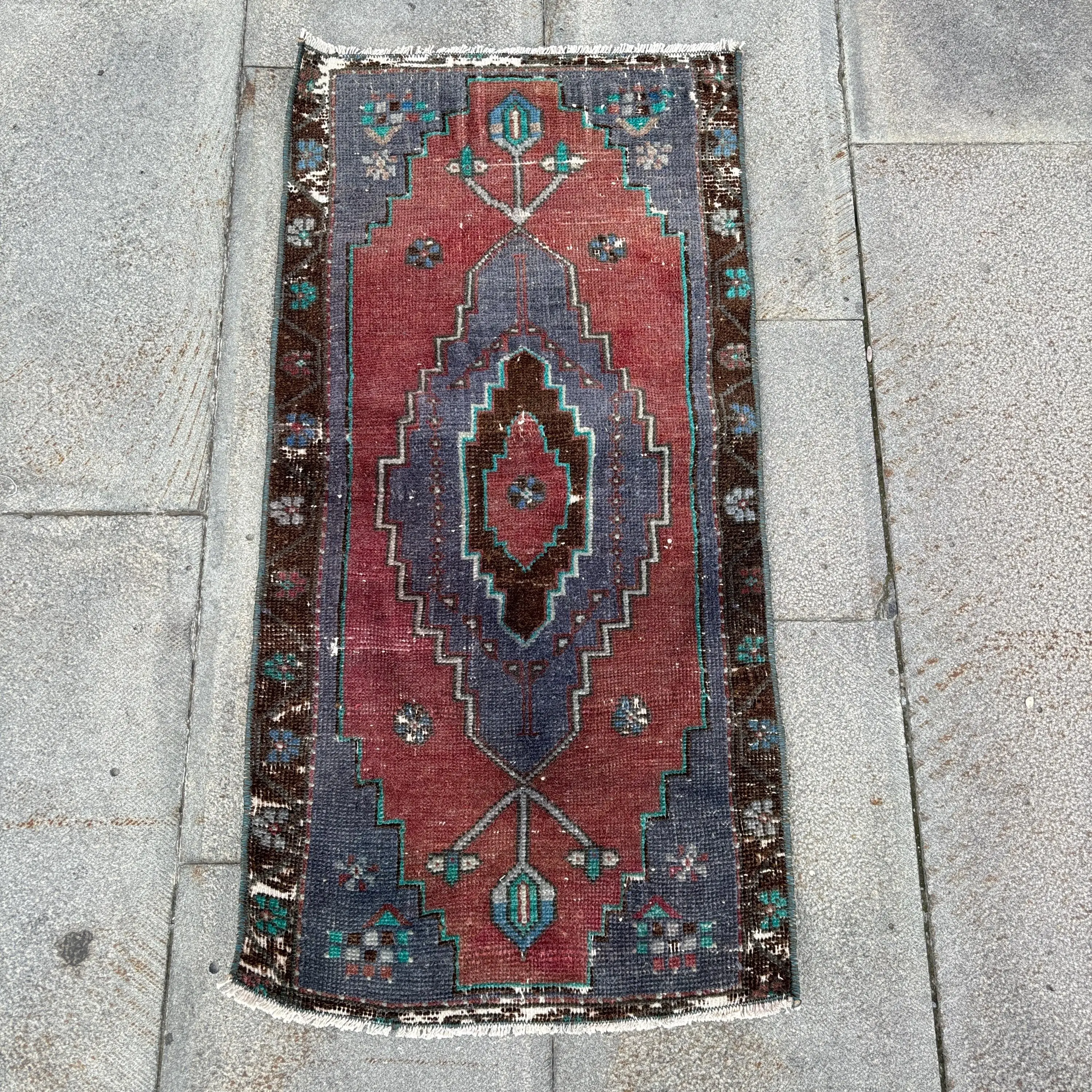 Vintage Turkish Rug, 1.4x3 ft Small Rug, Red Blue Floral Rug - 1
