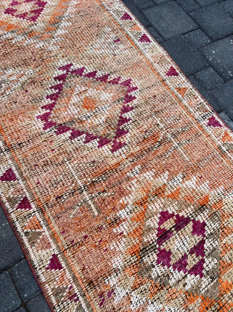 2.7x11.2 ft Runner Turkish Rug, Vintage Rug, Orange Purple Polka dot Wool Rug - 1