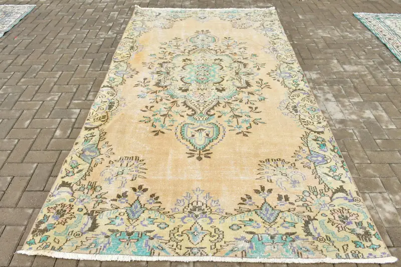 Großer türkischer Vintage-Teppich 5,3 x 9,7 Fuß, blauer Oushak-Wollteppich - 1