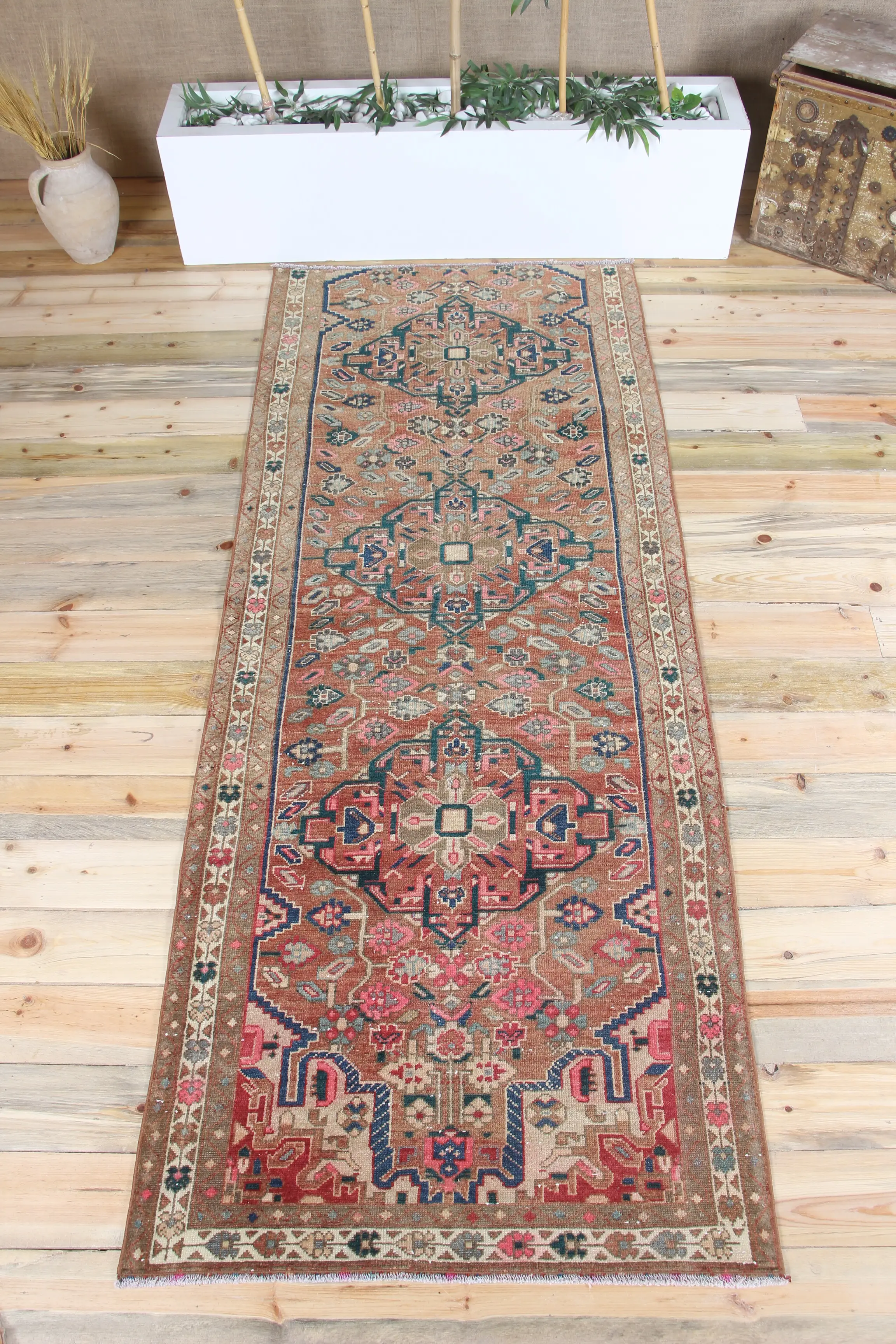 Türkischer Vintage-Teppich, 100 x 262 cm, brauner Oushak-Teppich - 1