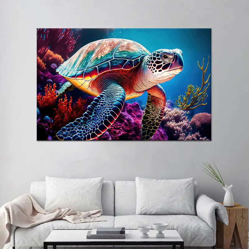 Deniz Manzarası Kanvas Tablo: Canlı Deniz Kaplumbağası ve Mercanlar Kanvas Tablo