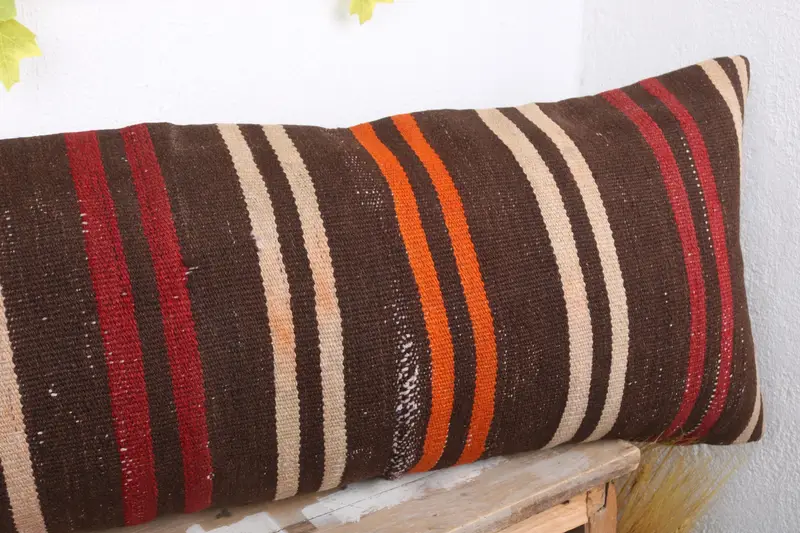 Chair Pillow, Turkish Kilim Pillow, Cushion, Pillow for Couch, 16x48 Brown Pillow Sham, Outdoor Patio Pillow Cover, Ethnical Kilim Rug Pillow - 4