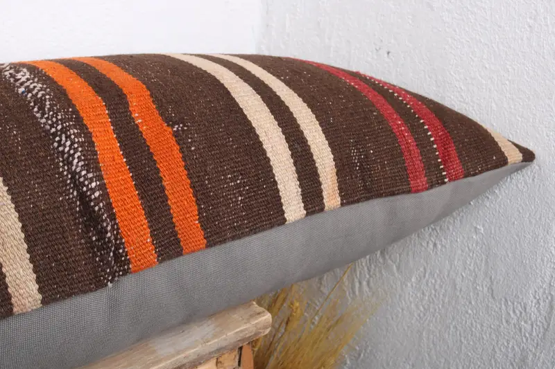Chair Pillow, Turkish Kilim Pillow, Cushion, Pillow for Couch, 16x48 Brown Pillow Sham, Outdoor Patio Pillow Cover, Ethnical Kilim Rug Pillow - 5