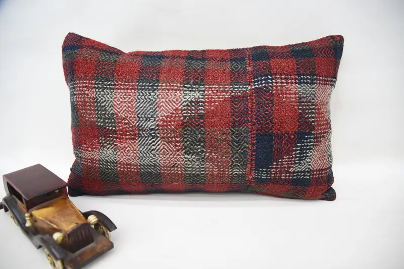 Decorative Throw Red Cushion Case, Antique 12x20 inch Striped Pillowcase - 1