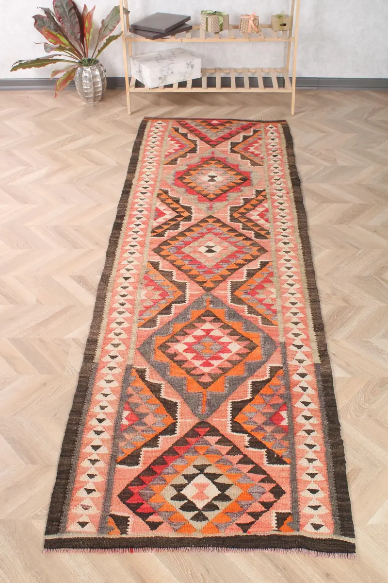 Vintage Turkish Rug, 2.9x9 ft Kilim Rug, Red Orange Check Rug - 1
