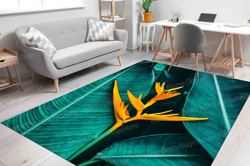 Tropical Green Leaves Printed Rug in Vibrant Yellow and Green