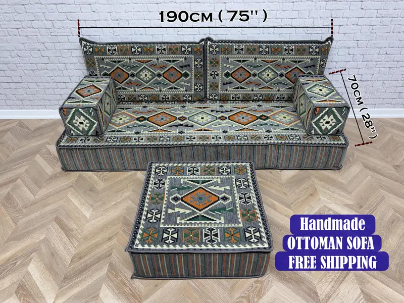 Juego de sofá otomano modular inspirado en Kilim, otomana en mezcla de lana gris y beige