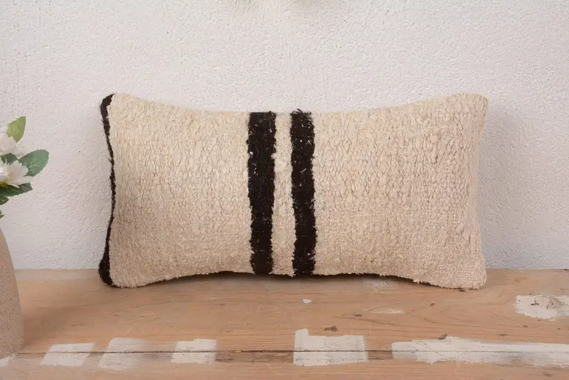 Beige & Black Striped Pillow, 16x8 Embroidered Throw Pillow