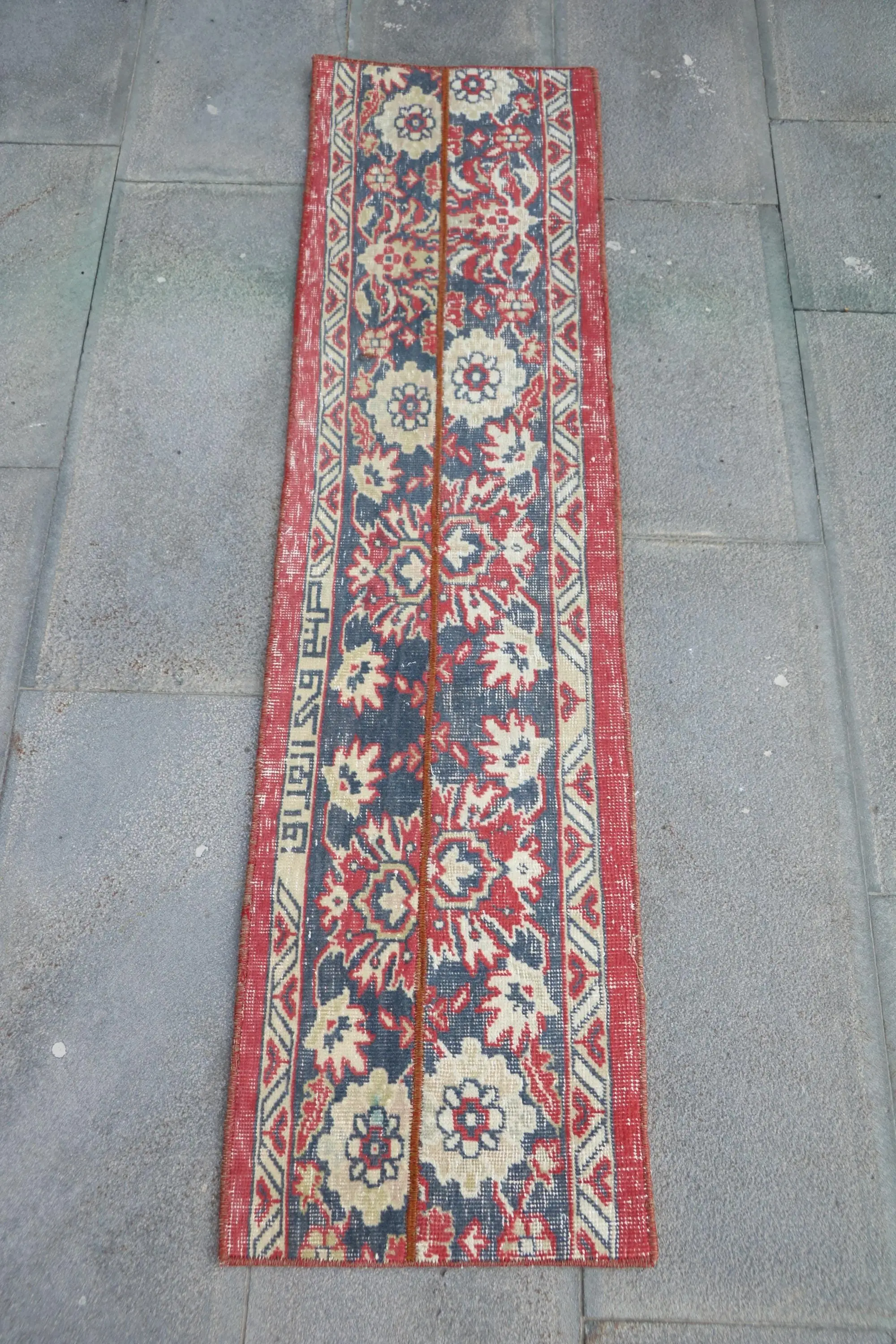 Vintage 1.3x5.1 ft Rug, Runner Turkish Rug, Red Blue Floral Wool Rug - 1