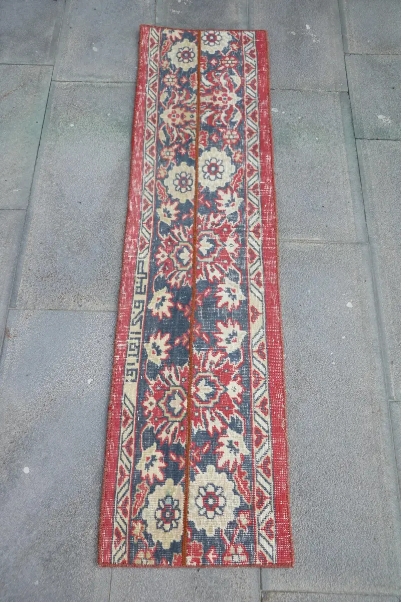 Mavi ve Kırmızı Halı, 1,3x5,1 ft Çiçek ve Geometrik Tasarım
