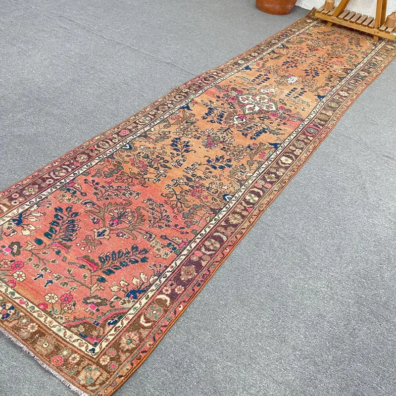 Vintage Turkish Rug, 3.4x13.1 ft Oushak Rug, Red Blue Southwestern Rug - 1