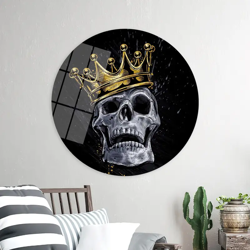 トレンディなブラック スカル キャンバス: ゴールド アクセント、スケルトン アート