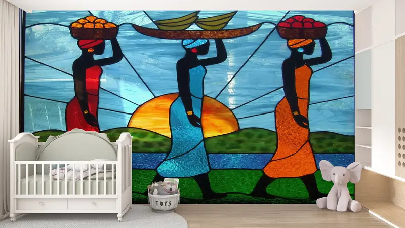 Sonderanfertigungspapier, Sonnenuntergang Wandmalerei, afrikanische Frauen -Tapepapier, 3D -Hintergrundpapier, helles Handpapier, Schwarzfrau Wandmalerei, - 5