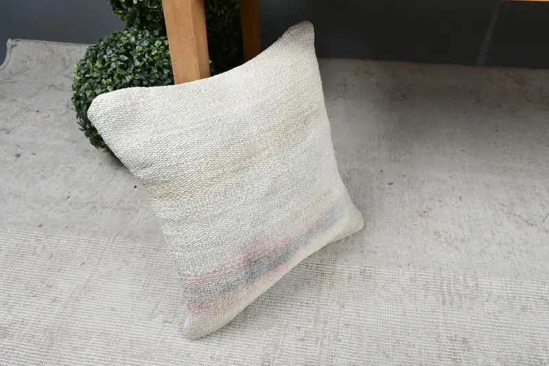 Boho Pillow, Ethnical Kilim Rug Pillow, Cushion, Comfy Throw Pillow, Kilim Pillow, Natural Pillow Cover, 14x14 Beige Cushion - 7