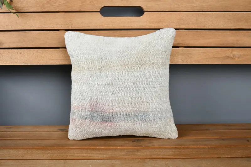 Boho Pillow, Ethnical Kilim Rug Pillow, Cushion, Comfy Throw Pillow, Kilim Pillow, Natural Pillow Cover, 14x14 Beige Cushion - 6