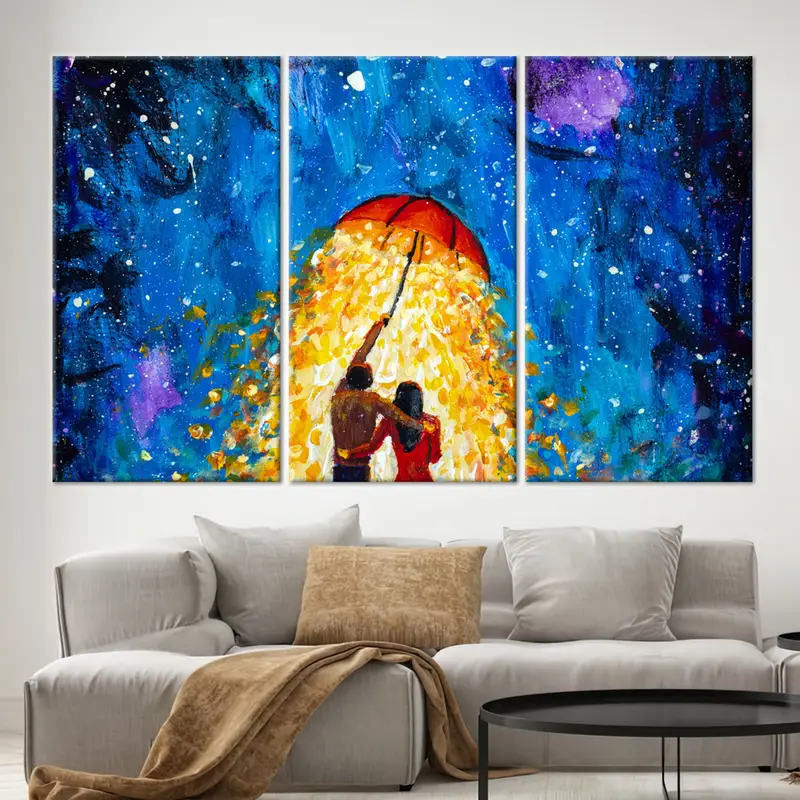 Paar verliebt unter Regenschirm, romantisches Paar Wandkunst, schöne Wandkunst, romantische Leinwand, Valentinstag Geschenk, Sternenhimmelwandkunst, - 2