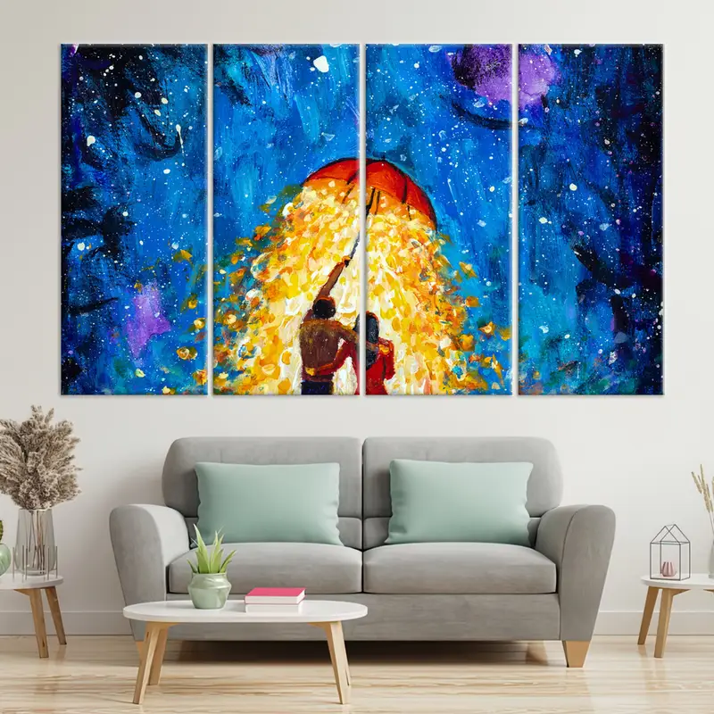 Paar verliebt unter Regenschirm, romantisches Paar Wandkunst, schöne Wandkunst, romantische Leinwand, Valentinstag Geschenk, Sternenhimmelwandkunst, - 3