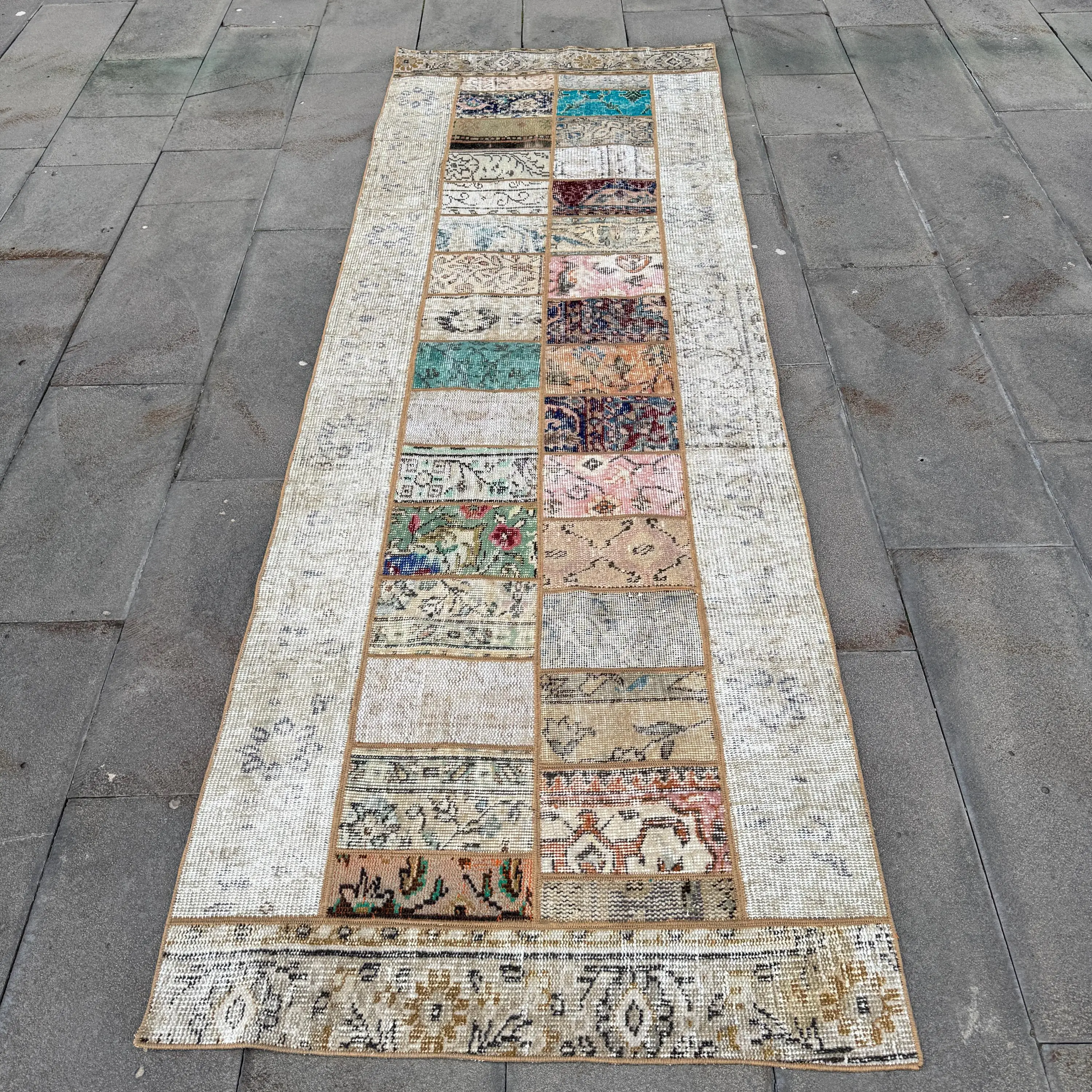 Vintage Turkish Runner Rug 2.9x8.8 ft, White Brown Floral Wool Rug - 1
