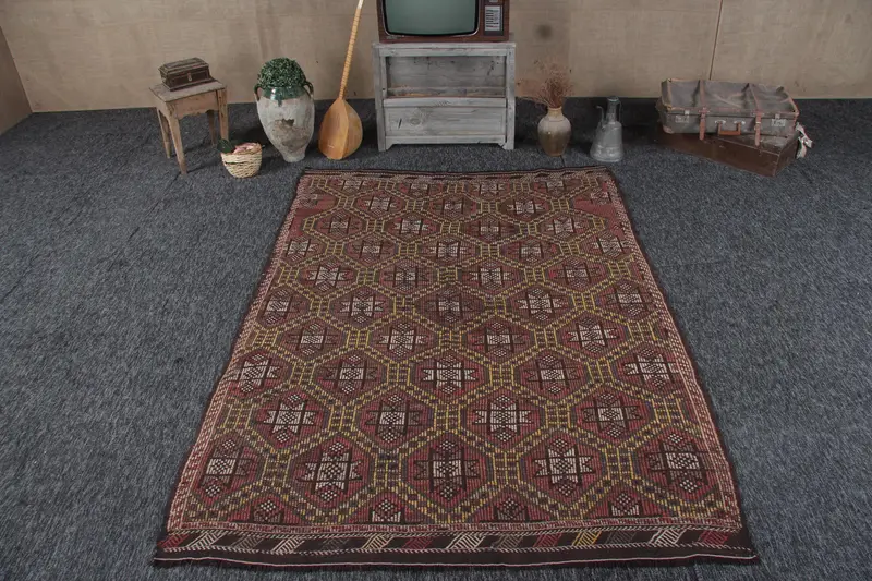 Vintage Halı, 5.4x7.8 ft Büyük Halı, Kırmızı Katı Yün Türk Halısı - 1